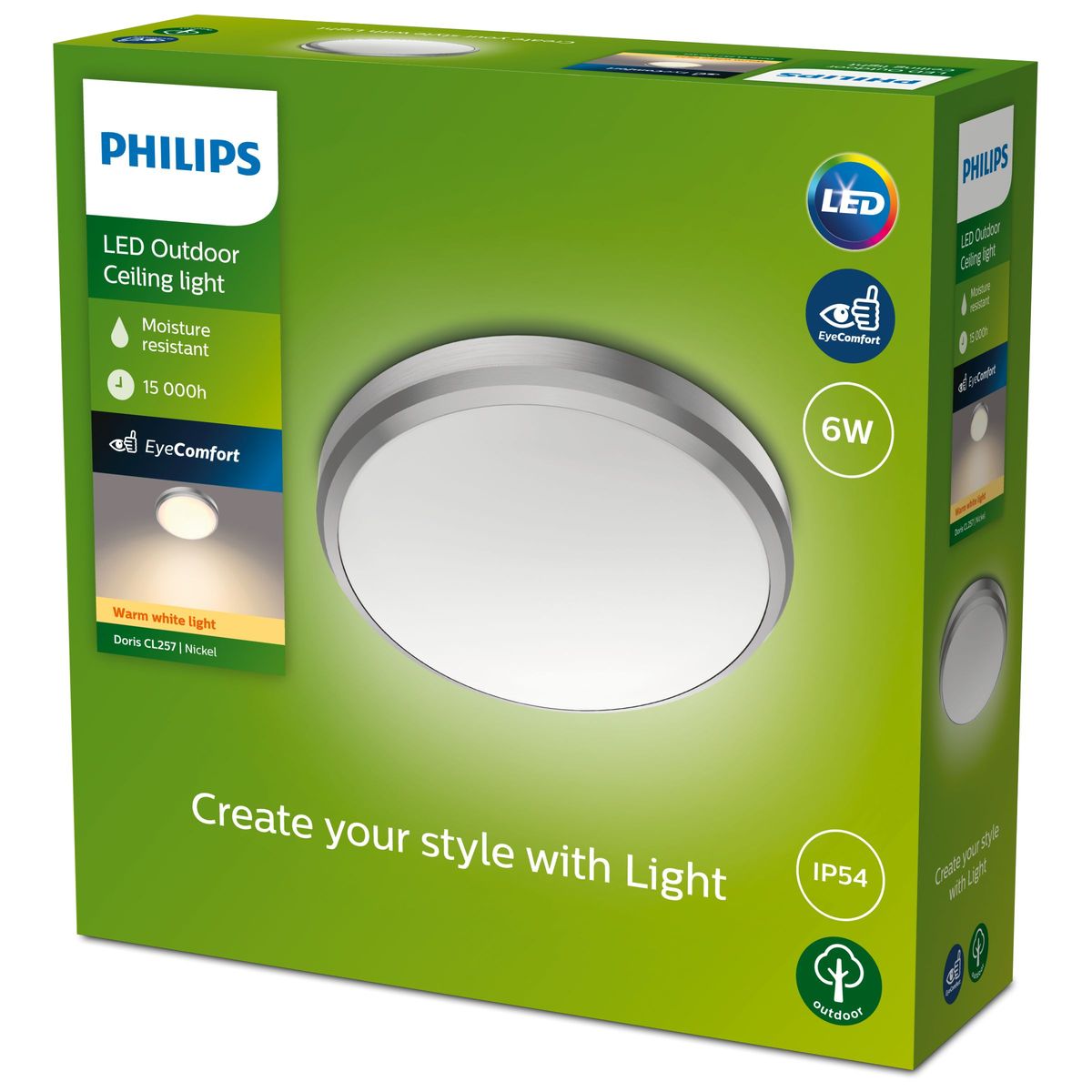 Philips - Doris Ceiling 6W 27K Nickel IP54 HV