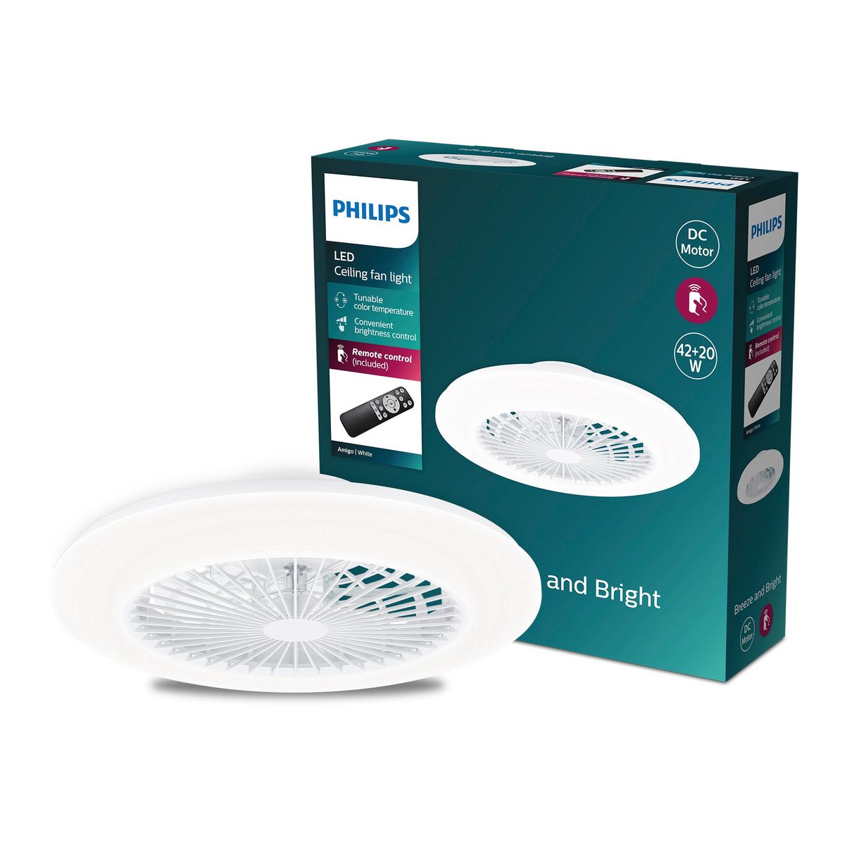 Philips - Amigo Platte Plafondventilator IR RD 25W+60W WH